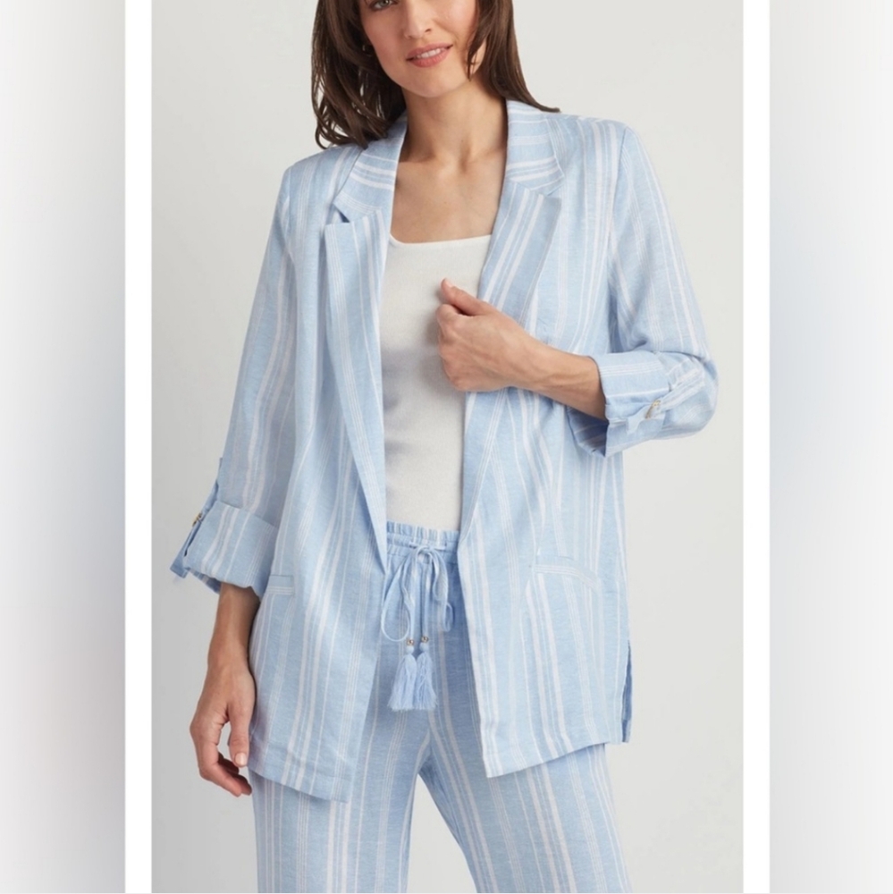 Ellen Tracy Womens Linen Blend Open Front striped blazer Size M.